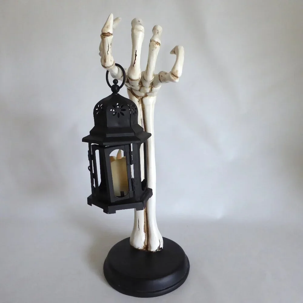 NEW 16” GOTHIC HALLOWEEN SKELETON ARM HOLDING METAL LANTERN CANDLE SCULPTURE - Picture 8 of 14